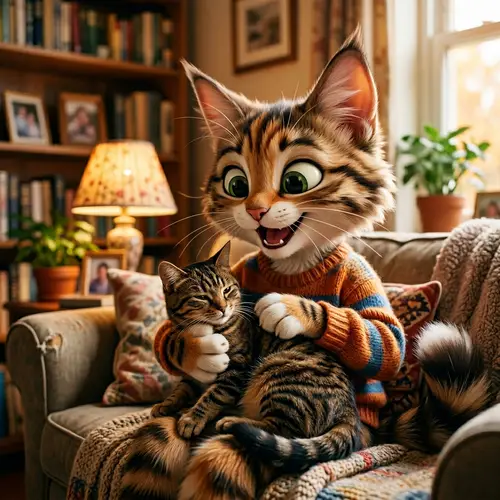 Exuberant Cat-Like Character with Realistic Tabby Cat | Delightful Scene