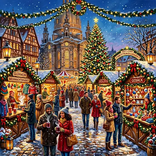 Vibrant Christmas Market Painting: Festive Holiday Scene