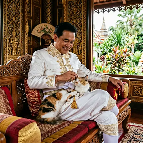 Thai Royal Attire: Man with Cat in Lap