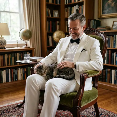 Man in White Formal Suit Sitting with Cat on Lap