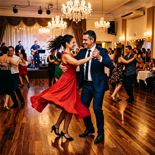 Energetic Hispanic Couple Dancing Brazilian Zouk | Dance Hall