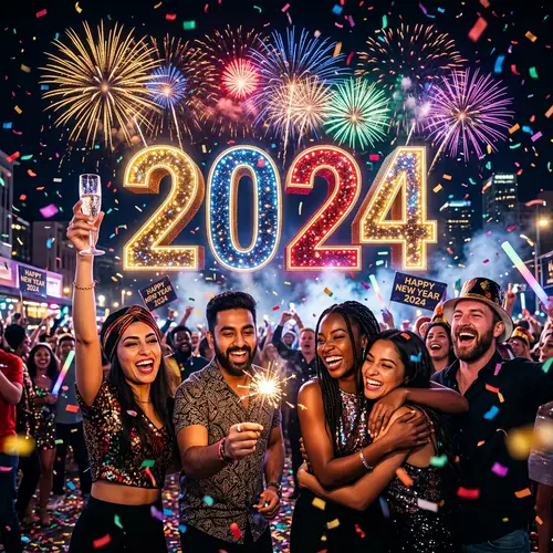Celebrate Year 2024: Festive 3D Number, Colorful Confetti & Fireworks