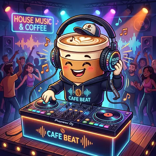 Happy Coffee Cup DJ Mascot for Your Cafe
