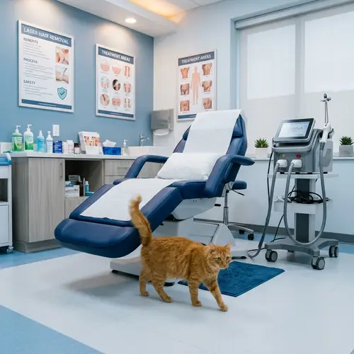 Professional Laser Hair Removal Studio with a Curious Feline Visitor