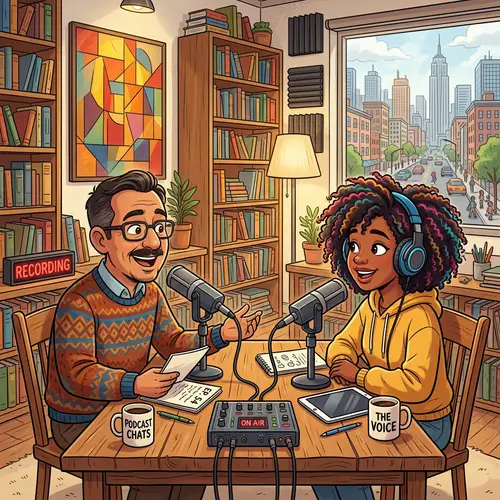 Engaging Podcast Recording in Cartoon Setting