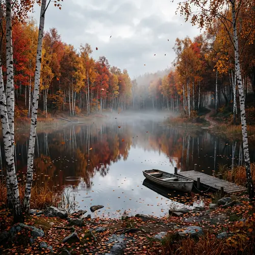 Autumnal Birch Trees Landscape with Mysterious Appeal