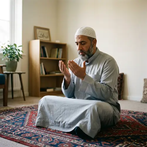 Peaceful Middle Eastern Man Praying on Carpet