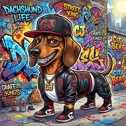 Gangster Dachshund Cartoon with Graffiti Style