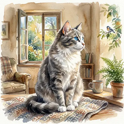 Gray and White Cat in Sunlight | Watercolor Painting Aesthetic