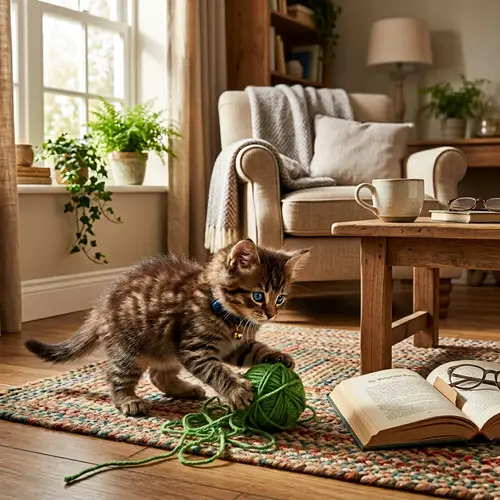 Young Brown Kitten Playing with Green Wool in Cozy Room