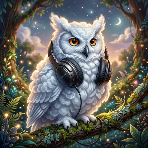 Whimsical Cloud Owl with Headphones