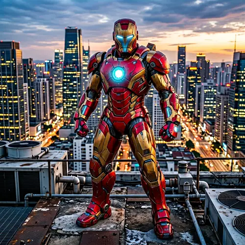 High-Tech Red and Gold Suit Standing Heroically Against Cityscape