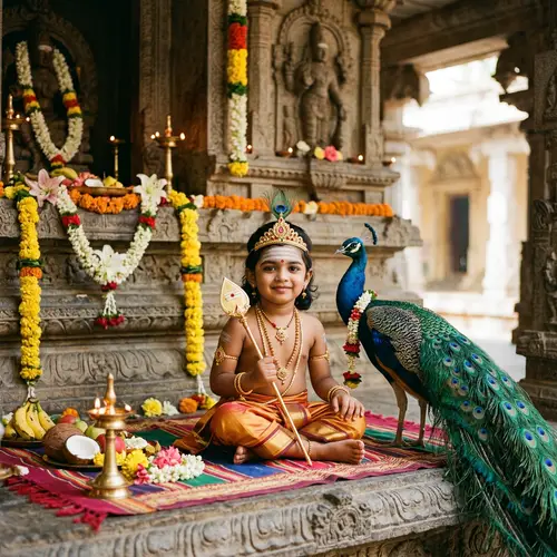Murugan Child Photo with Peacock - Divine Blessings