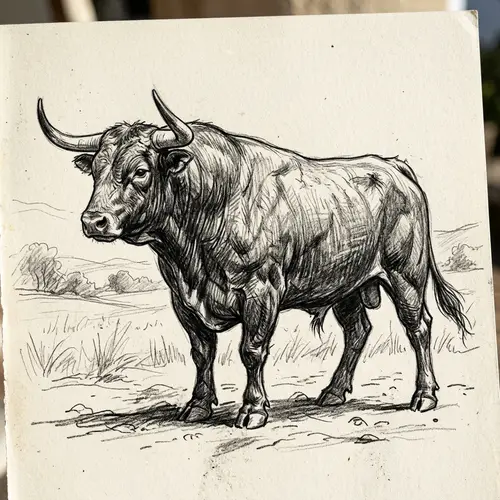 Bull Drawing with Black Pencil