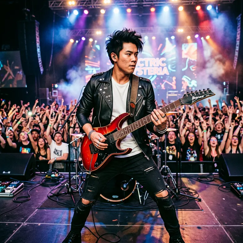 Asian Male Musician Performing Live with Electric Guitar in Dynamic Stage Presence Asian Male Musician Performing Live with Electric Guitar in Dynamic Stage Presence