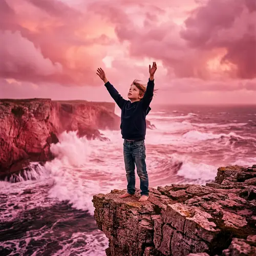 A Boy Reaching for the Sky on a Pink Cliff
