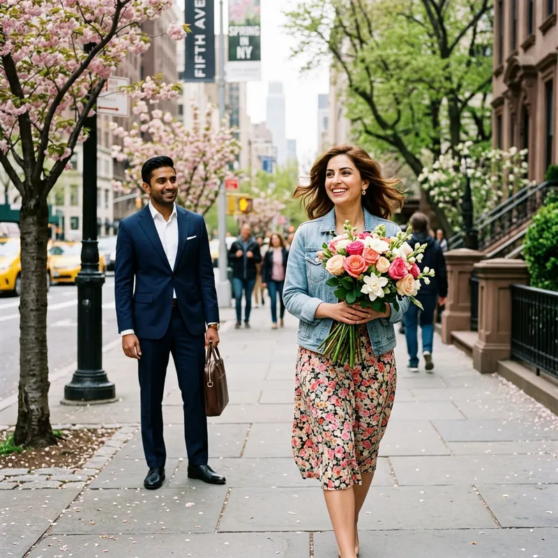 Spring in New York: Vibrant Woman with Bouquet in Urban Setting