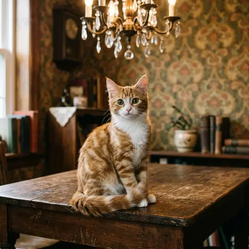 Lively Honey and White Striped Cat on Wooden Table