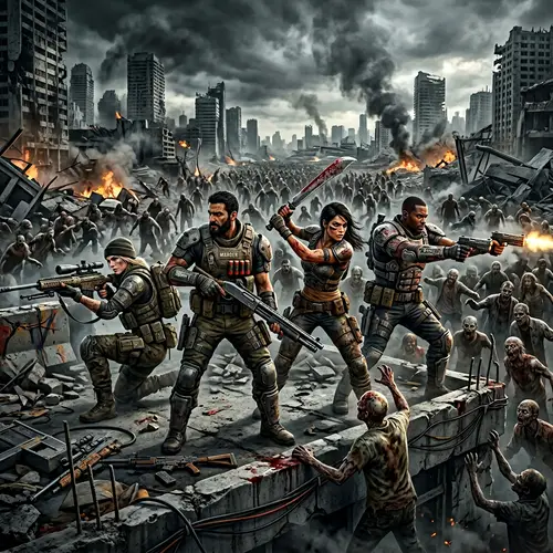 Post-Apocalyptic Video Game with Diverse Soldiers Battling Zombies