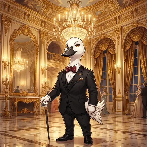 Dapper Anime White Duck in Elegant Gold Room