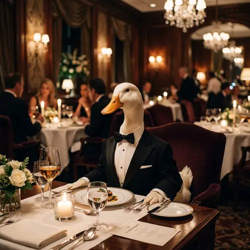 Elegant White Duck in a Black Suit at Fine Dining