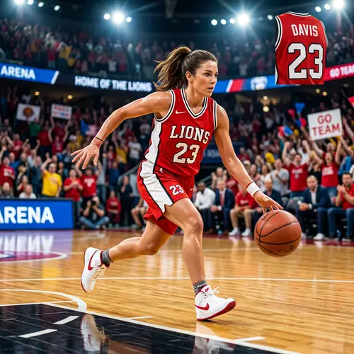 Brunette Woman in Red Basketball Uniform | Spectacular Indoor Game