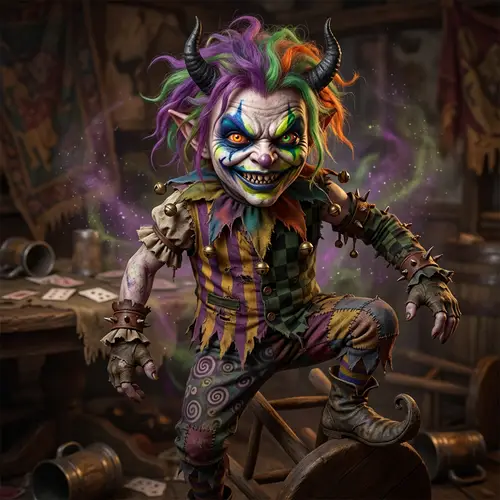 Mischievous Clown Demon with Chaotic Aura and Dramatic Colors