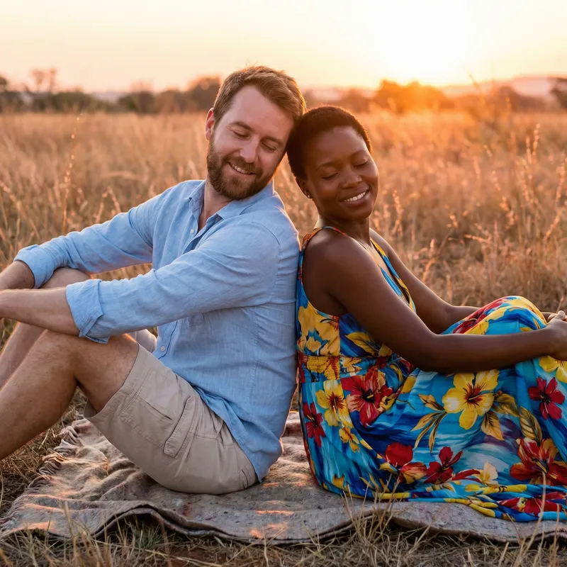 Man and Woman Sitting with Backs Leaning Together