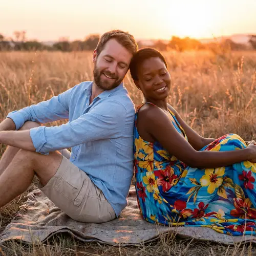 Sunset Couple Sitting Together in Comforting Glow