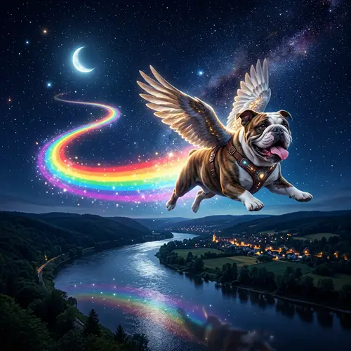 Magical Flying Bulldog with Rainbow at Night