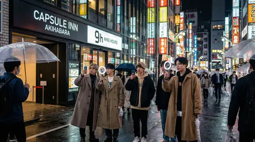 Modern Tokyo Night Scene: Capsule Hotels & Neon Lights