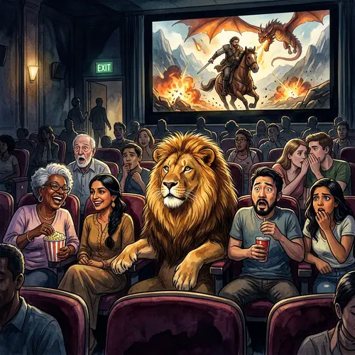 Diverse Audience in Cinema with Majestic Lion | Adventure Scene