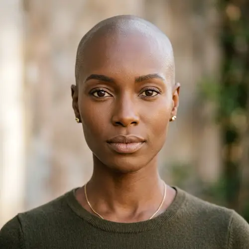 Stunning Bald Black Woman with Almond-Shaped Eyes