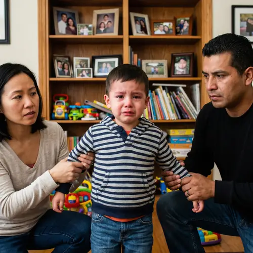 Emotionally Distraught Young Boy with Supportive Parents at Home