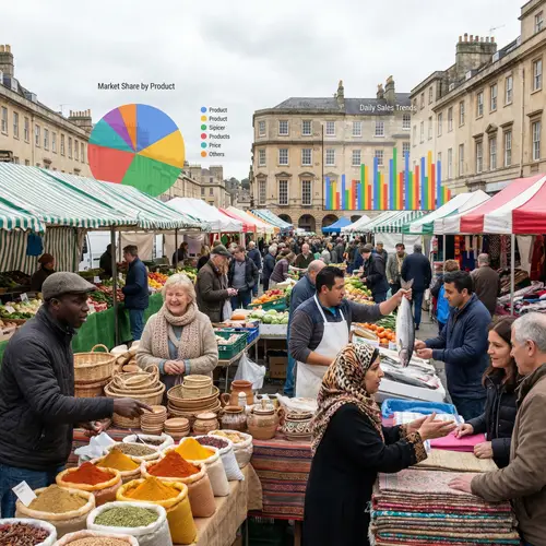 Diverse Market Scene with Colorful Tents & Activities