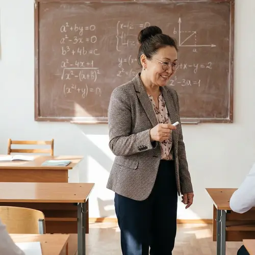 Experienced Kazakh Teacher Inspiring Students with Mathematical Equations