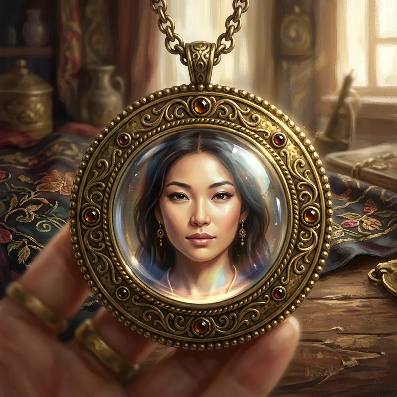 Enchanting Woman Reflection Pendant with Antique Brass Glow