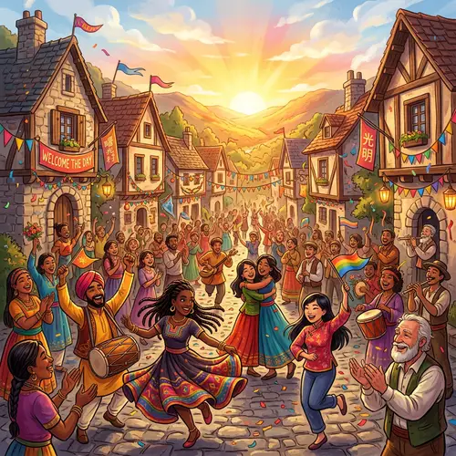 Celebration of Diversity in a Rustic Village at Daybreak