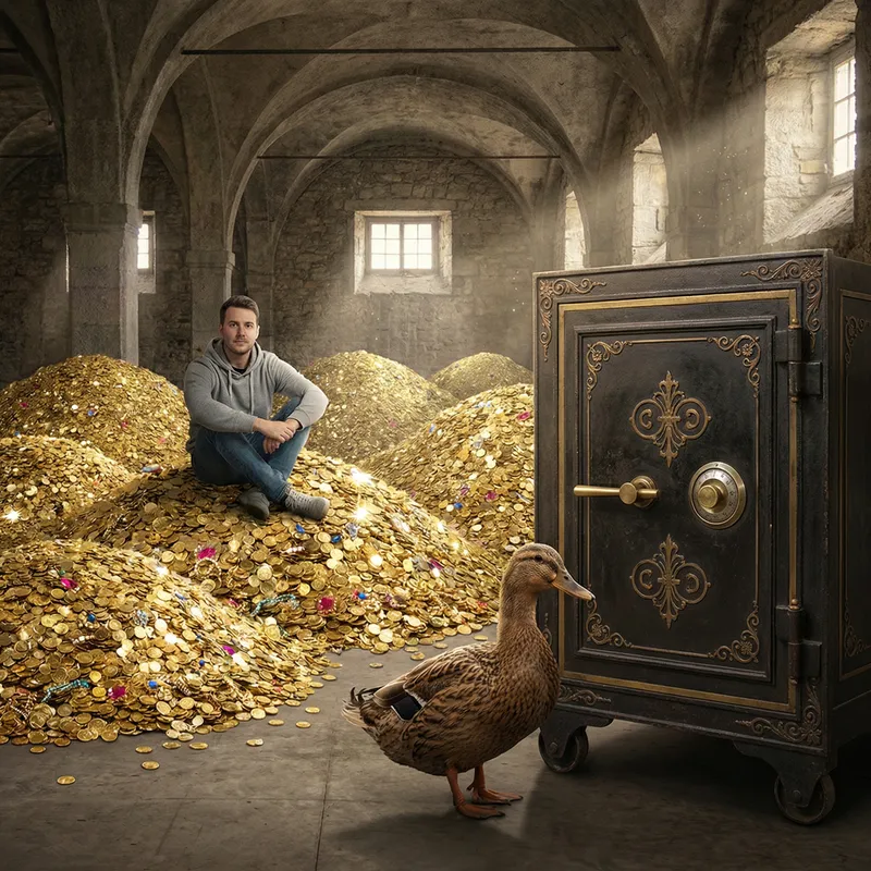 Indian Man Comfortably Surrounded by Golden Coins