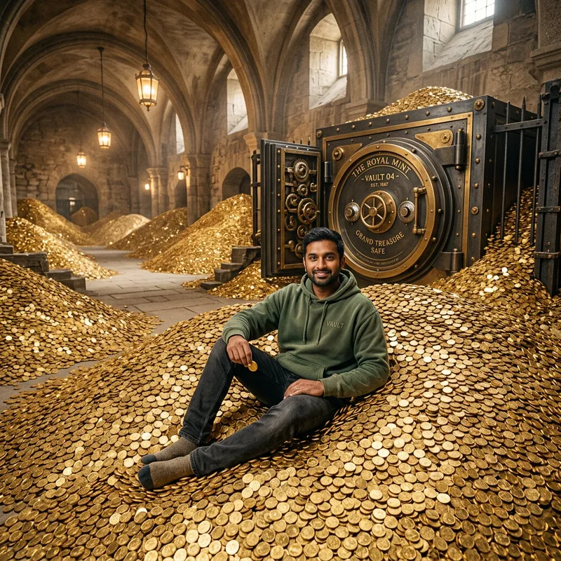 South Asian Man Amid Golden Coins | Vintage Safe Fantasy. Grand Scenery