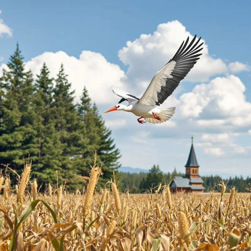 Stunning Flying Stork Over Cornfields and Forest
