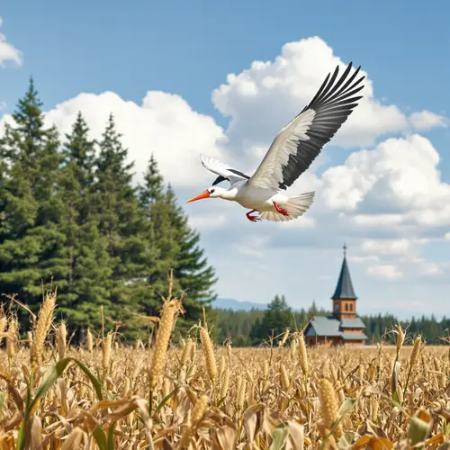 Stunning Flying Stork Over Cornfields and Forest