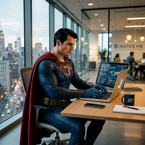 Male Superhero Working on Modern Laptop | Strength & Integrity