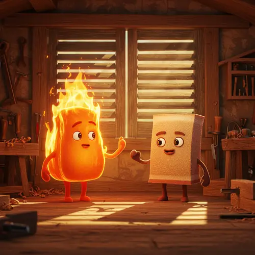 Pixar Style Workshop Scene with Fire and Sanding Tool