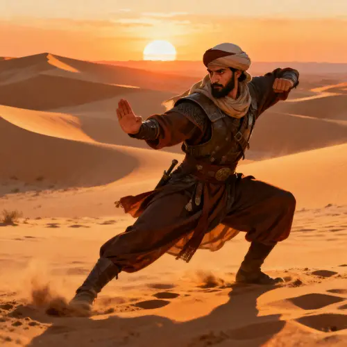 Dynamic Middle-Eastern Warrior in Traditional Attire