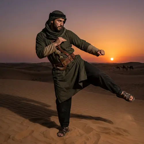 Dynamic Middle-Eastern Warrior in Traditional Attire