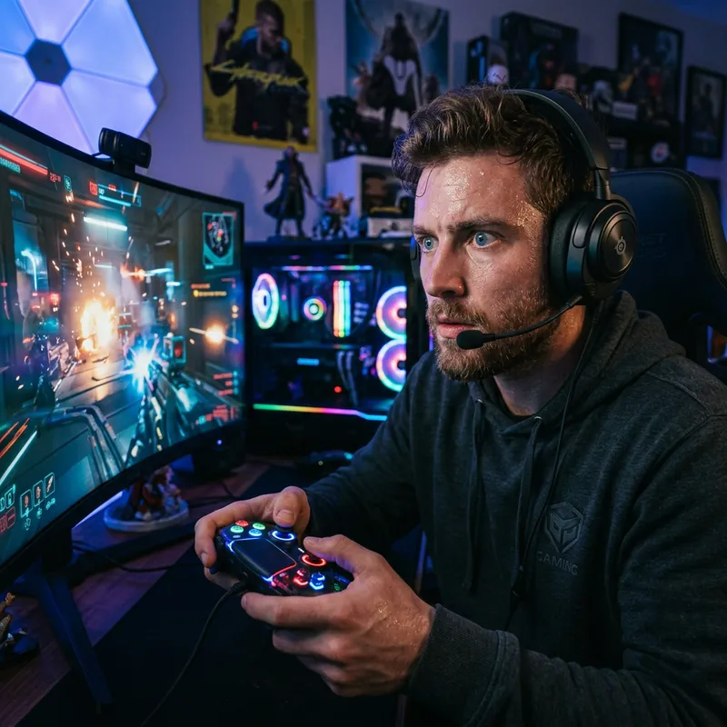 Intense Gamer Exudes Concentration | Professional Gaming Setup