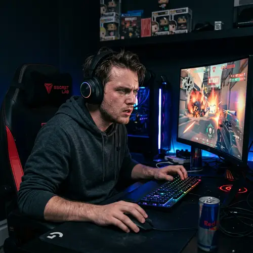 Intense Gamer Sweating Profusely | High-Octane Action Scene