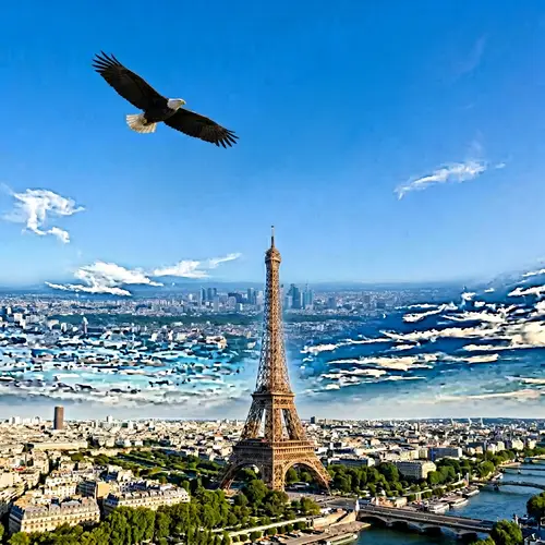 Eagle Soaring Over Eiffel Tower | Cityscape Harmony