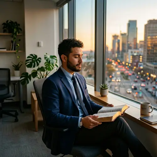 Professional Hispanic Man Meditating on Bible at Office Window